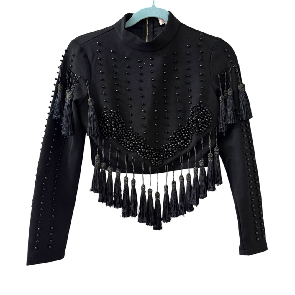 L'ATISTE Black Beaded Tassel Crop Top